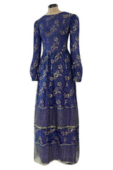 1970s Lanvin by Jules-Francois Crahay Demi-Couture Metallic Gold Detailing Blue Dress