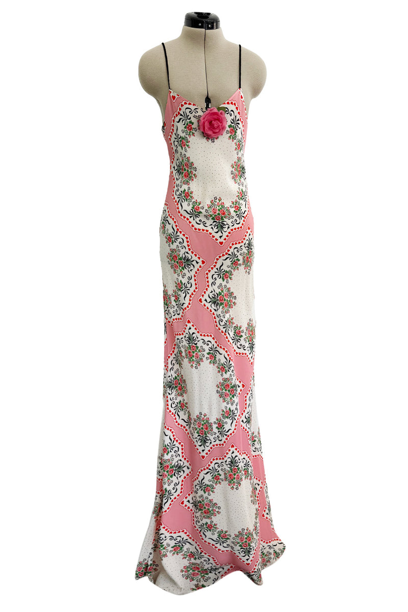 Prettiest Spring 2021 Rodarte Runway Look 20 Bias Cut Silk Pink Print Flower & Hearts Dress w Removable Flower