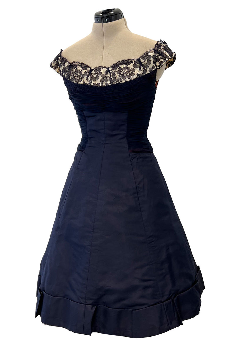Elegant 1950s Jobere New York Deep Blue Silk & Silk Chiffon Dress w La Shrimpton Couture Elegant 1950s Jobere New York Deep Blue Silk & Silk Chiffon Dress w La Shrimpton Couture