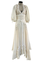 Rare 1969-75 Thea Porter Couture Embroidered Silk Organza & Gold Metallic Dress w Balloon Sleeves