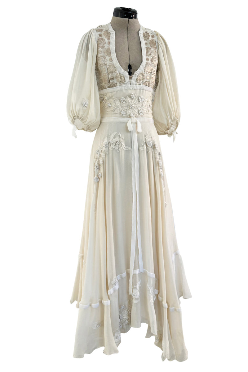 Rare 1969-75 Thea Porter Couture Embroidered Silk Organza & Gold Metallic Dress w Balloon Sleeves