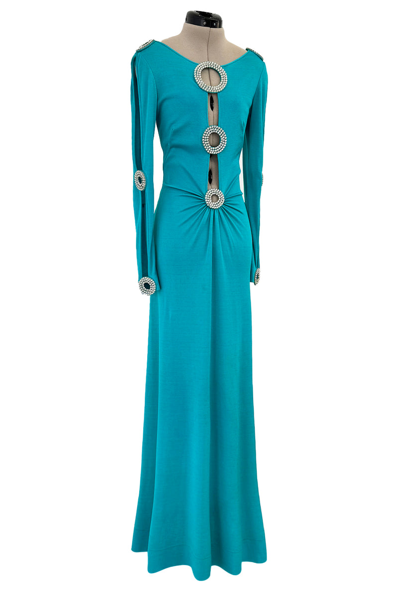 Spectacular Early 1970s Loris Azzaro Plunging Turquoise Silk Jersey w Open Rhinestone Rings