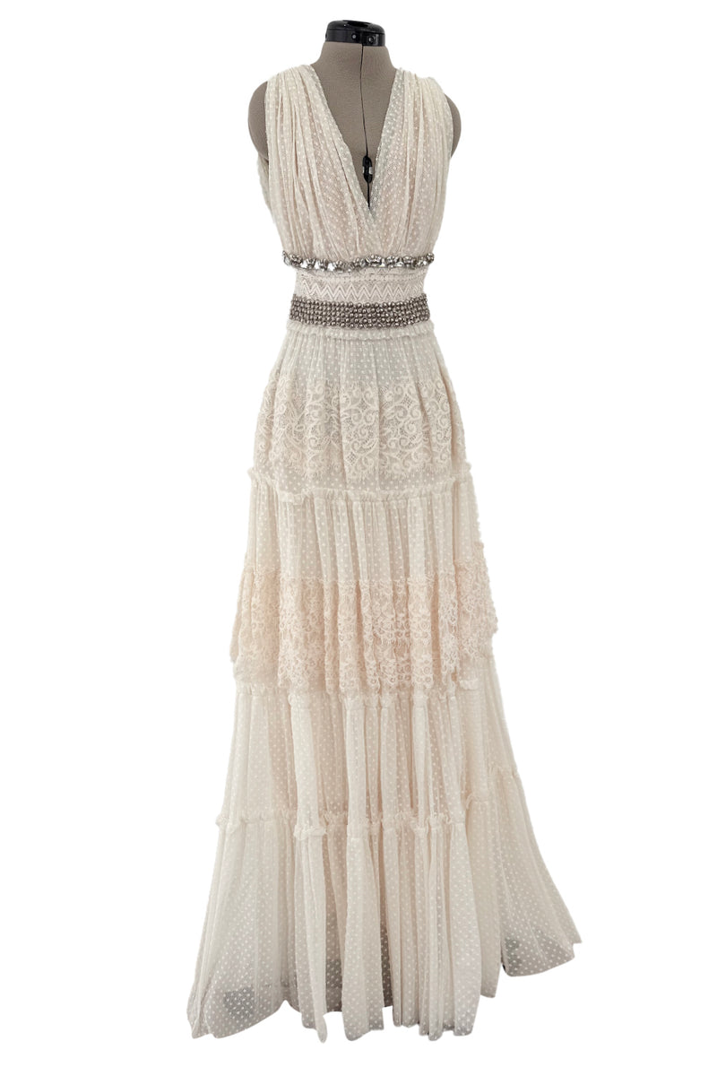 Gorgeous 2010s Lanvin Blanche by Alber Elbaz Dotted Net Plunge Dress w Rhinestone Details