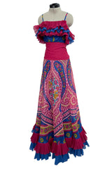 Incredible 1970s Jean Patou Printed Silk Organza Dress w Layered Ruffled Neckline & Hem