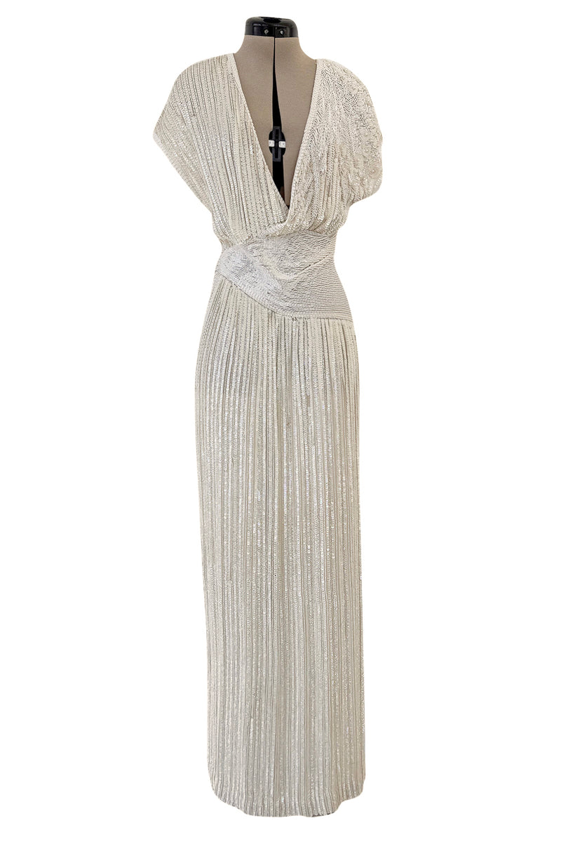 Prettiest 1970s Lillie Rubin Ivory Fully Sequinned & Applied Tube Beads on Silk Chiffon Dress