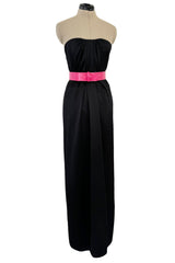 Fabulous 2008 Alexander McQueen Strapless Black Silk Dress w Vibrant Pink Patent Leather Belt
