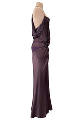 Gorgeous Fall 2003 John Galliano Bias Cut Deep Purple Silk Dress w Draped Arm Panels