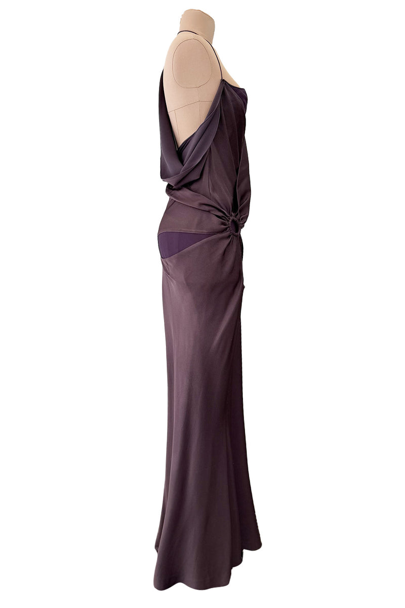Gorgeous Fall 2003 John Galliano Bias Cut Deep Purple Silk Dress w Draped Arm Panels