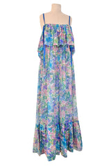 Spectacular Spring 1978 Christian Dior by Marc Bohan Blue Floral Silk Chiffon Dress w Ribbon Straps