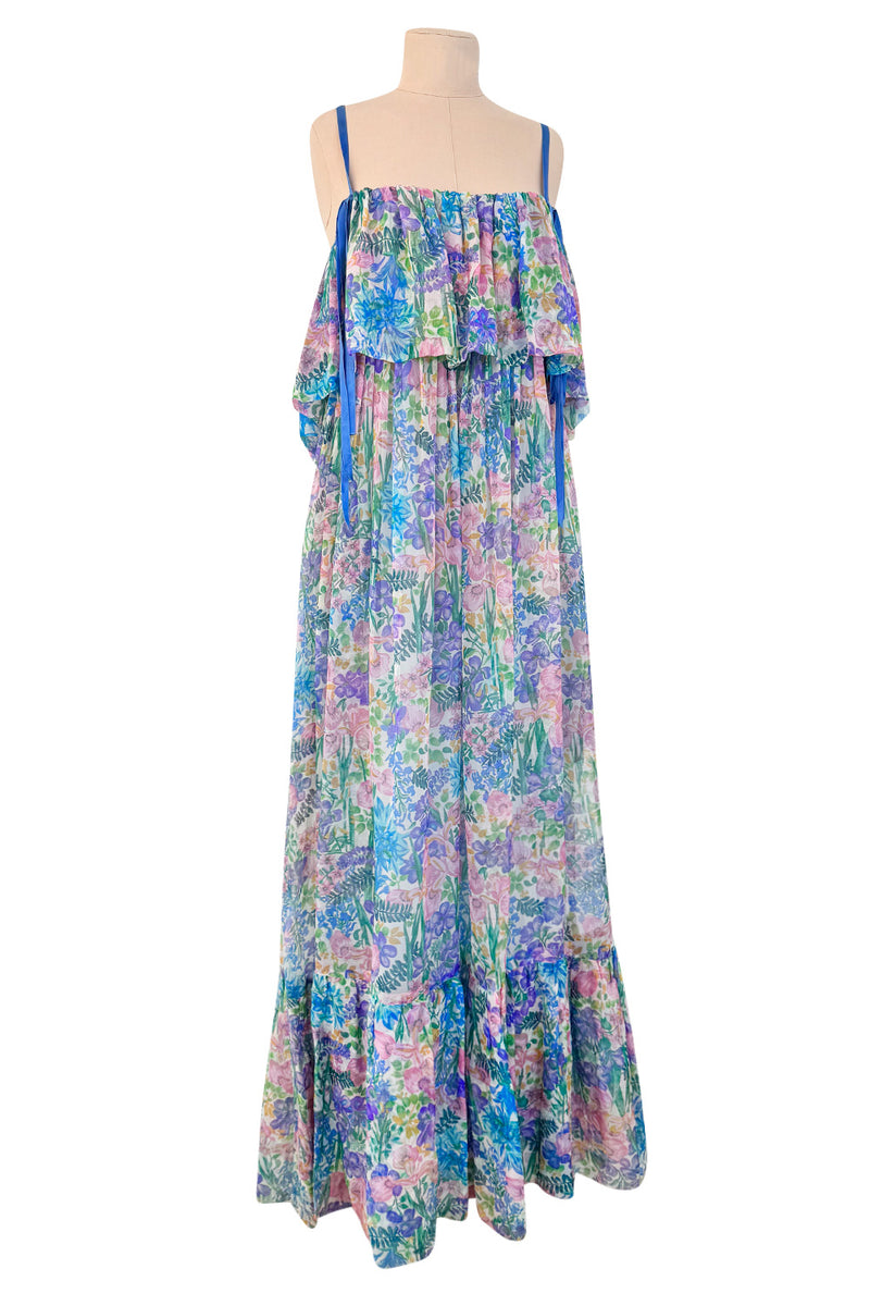 Spectacular Spring 1978 Christian Dior by Marc Bohan Blue Floral Silk Chiffon Dress w Ribbon Straps