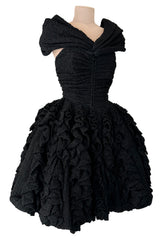 Exceptional Spring 1988 Christian Lacroix Demi-Couture Luxe Label Black Pouf Dress w Attached Shoulder Piece