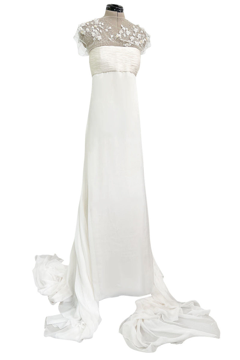 Vintage Valentino White Silk Wedding Dress w Elaborate Trains, Pleating & Extensive Beading Detail