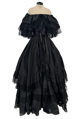 Dramatic 1970s Louis MiesOff Shoulder Haute Couture Silk Dress w Hand Made Lace & Full Skirt