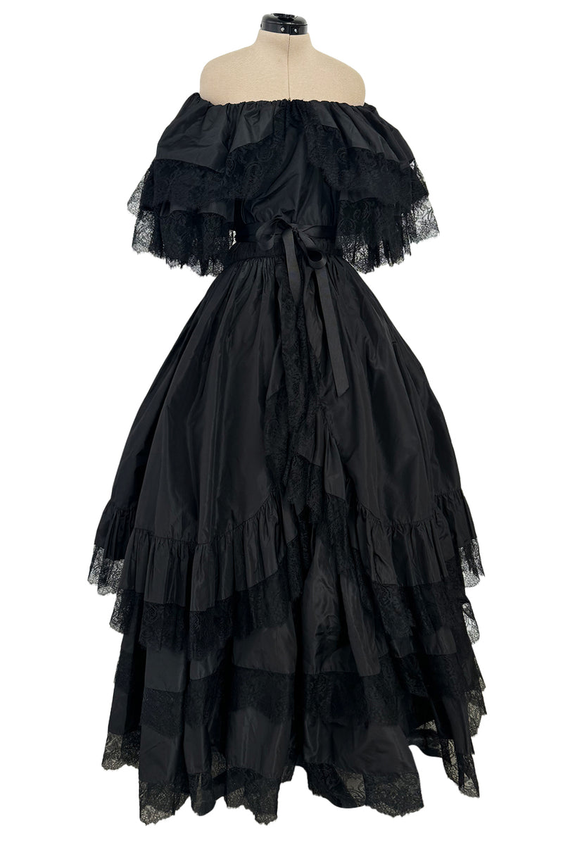 Dramatic 1970s Louis MiesOff Shoulder Haute Couture Silk Dress w Hand Made Lace & Full Skirt
