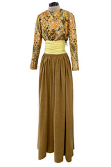 Fall 1970 Madame Gres Haute Couture Wide Leg Pant w Metallic Partially Open Tie Top Set