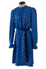 Divine Fall 1979 Yves Saint Laurent True Haute Couture Blue Silk Harlequin Print Dress w Ruffled Cuffs