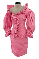 Phenomenal Spring 1988 Jean Louis Scherrer Haute Couture Pink Ruffle Suit w Balloon Sleeves