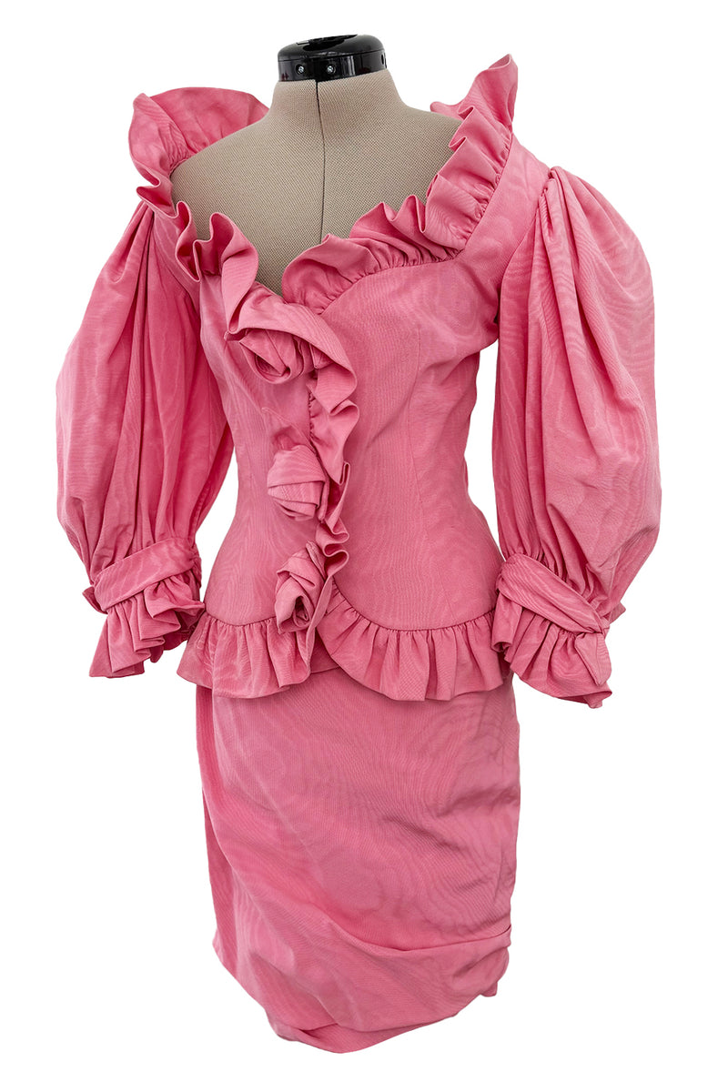 Phenomenal Spring 1988 Jean Louis Scherrer Haute Couture Pink Ruffle Suit w Balloon Sleeves
