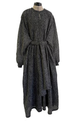 Amazing 1970s Kay Cosserat Hand Knit / Handmade Grey Angora Silk Mohair Caftan Dress w Belt