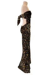Rare Fall 1989 Patrick Kelly Runway Stretch Velour Leopard Print Dress w Multi-Tie Bodice