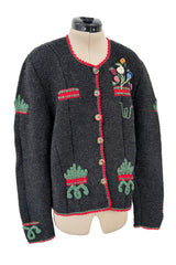 Prettiest 1980s Wolkenstricker Charcoal Colour Hand Knit Cardigan Sweater w Floral Details