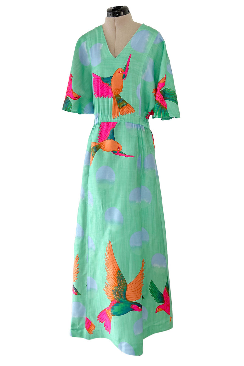 Prettiest 1970s Hanae Mori Green & Tropical Bird Printed Caftan Dress w Curved Sleeves