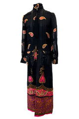 Documented Fall 1970 Valentino Printed Black Ribbon Silk Chiffon Dress w Huge Tassel Detail
