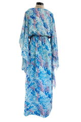 Dreamy 1970s Pierre Cardin Blue Floral Print Silk Chiffon Dress w Long Angel Sleeves