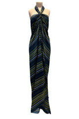 Gorgeous 2014 Lanvin by Alber Elbaz Deep Green & Navy Silk Striped Sarong Dress w Tie Halter