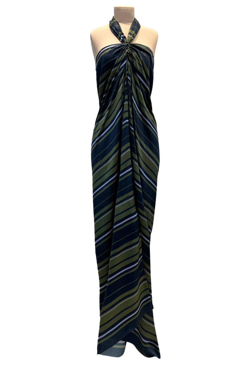 Gorgeous 2014 Lanvin by Alber Elbaz Deep Green & Navy Silk Striped Sarong Dress w Tie Halter