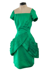 Unusual 1950s Symphony Fashions Brilliant Green Hourglass Dress w Unusual Pleated Skirt