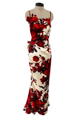 Rare & Beautiful 1950s Philip Hulitar Couture Dress w Fused Velvet Roses on a Rich Ivory Silk