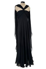 Gorgeous Spring 1989 Bill Blass Runway Black Silk Halter Chiffon w Trailing Shoulder Panels