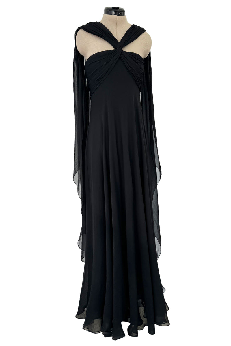 Gorgeous Spring 1989 Bill Blass Runway Black Silk Halter Chiffon w Trailing Shoulder Panels