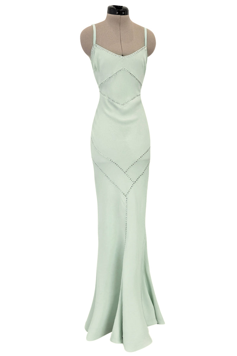 Fabulous Spring 2004 John Galliano Pale Mint Green Bias Cut Slip Dress w Rhinestone Detailing