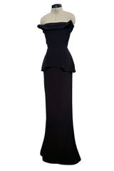 Minimalist 2010s Fendi by Karl Lagerfeld Black Strapless Long Silk Dress w Peplum Top