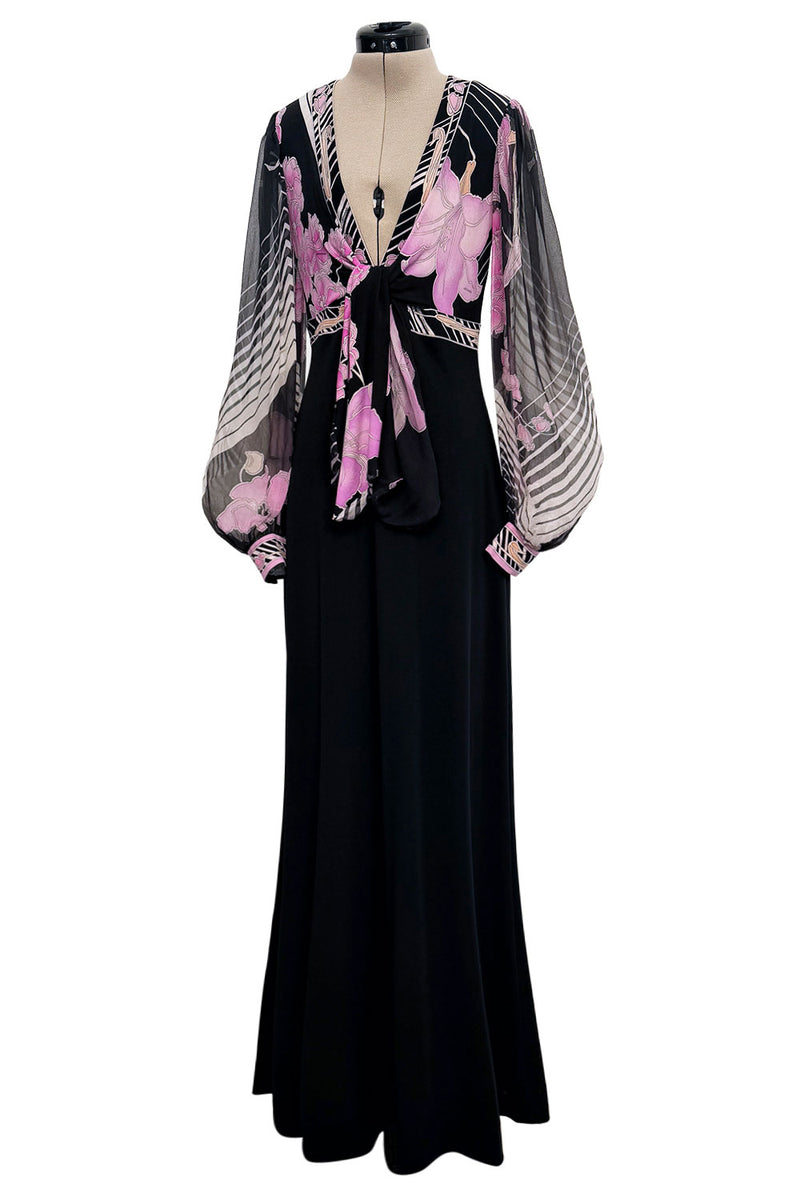 Prettiest 1970s Leonard Paris Printed Silk & Black Jersey Dress w