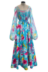Prettiest 1970s Richilene Pastel Turquoise & Pink Floral Print Silk & Silk Chiffon Dress w Balloon Sleeves