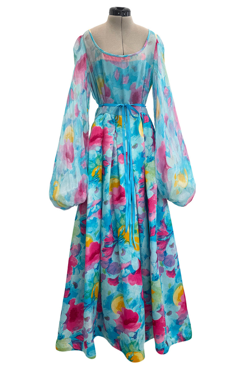 Prettiest 1970s Richilene Pastel Turquoise & Pink Floral Print Silk & Silk Chiffon Dress w Balloon Sleeves