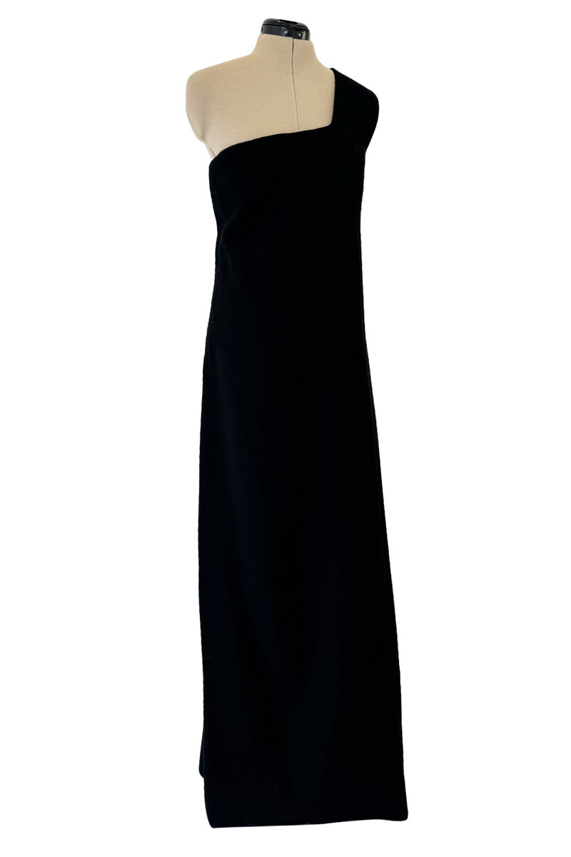 Minimalist Early 1960s James Galanos Couture Larger One Shoulder Black Crepe Long Column Dress