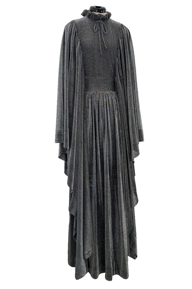Spectacular 1970s Gina Fratini Metallic Deep Silver Lame Dress w Ruffle Collar &  Angel Sleeves