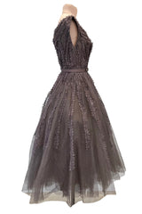 Exceptional 1950s Jacques Heim Golden Era Haute Couture Ultra Rare Purple-Gray Net & Handmade Lace Dress