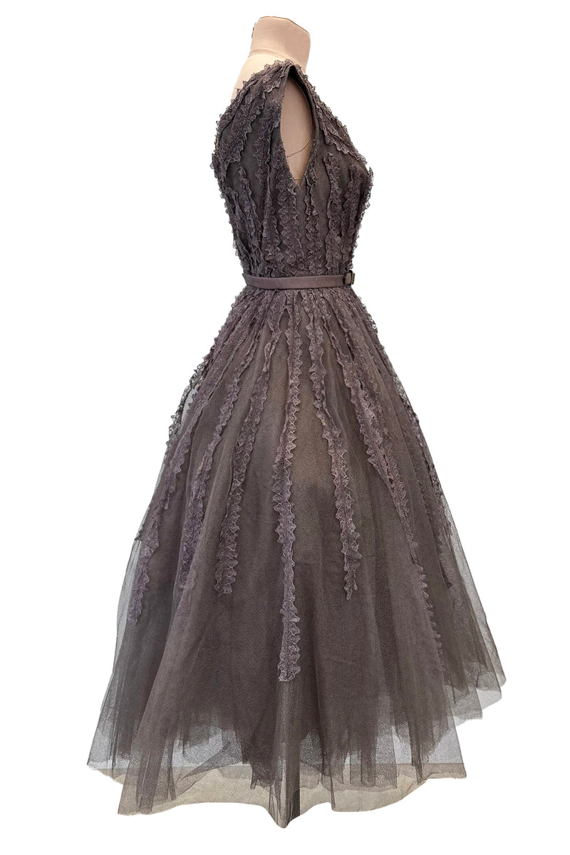 Exceptional 1950s Jacques Heim Golden Era Haute Couture Ultra Rare Purple-Gray Net & Handmade Lace Dress