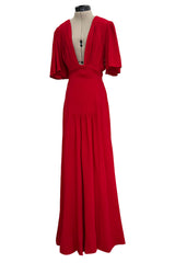 Fantastic Fall 1974 Ossie Clark Runway Documented Red Moss Crepe Dress w Plunging Front & Caped Sleeves