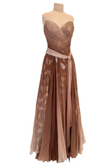 Dreamiest Fall 1989 Bob Mackie Runway Silk Chiffon w Metallic Leaf Print Underlay Strapless Dress