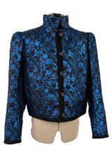 Stunning 1970s Yves Saint Laurent Metallic Blue Thread & Black Embroidered Brocade Crop Jacket
