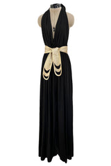 Documented 1981 Bill Tice Plunge Front Black & Gold Nylon Jersey Backless Halter Dress