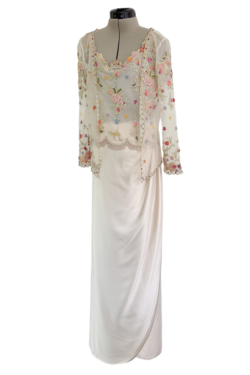 Prettiest Spring 2000 Original Valentino Runway Look 84 Embroidered Camisole, Jacket & Silk Skirt Set