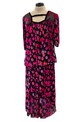 Prettiest 1970s Courreges Bright Pink Floral Velvet on Black Silk Chiffon Dress w Numbred Label