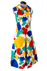 Happiest 1960s James Galanos Bright Floral Print Silk Dress w Pleated Skirt & Rounded Collar